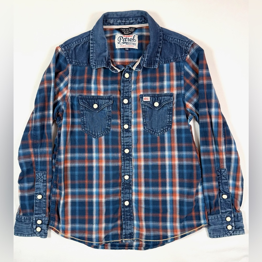 PETROL INDUSTRIES Vintage-Inspired Utility‎ Denim Yoke Plaid Flannel Shirt 7-8